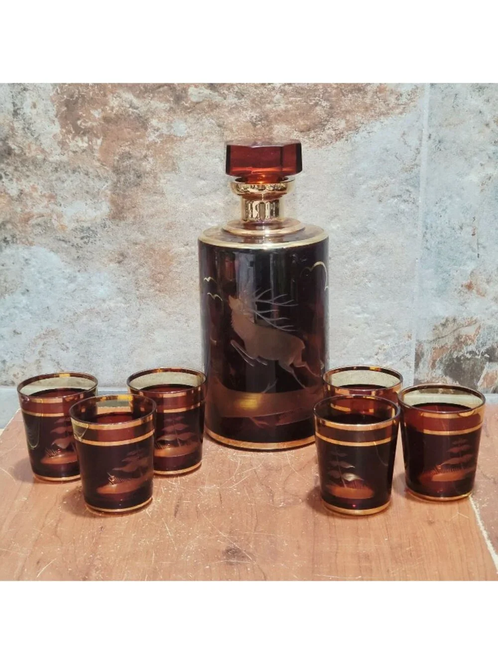 Vintage Bohemian Czech Amber Glass Decanter Etched Deer Stag Motif 24K Gold Trim